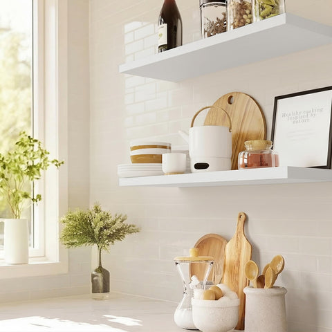 AMADA HOMEFURNISHING white floating shelves in bathroom for compact storage and style