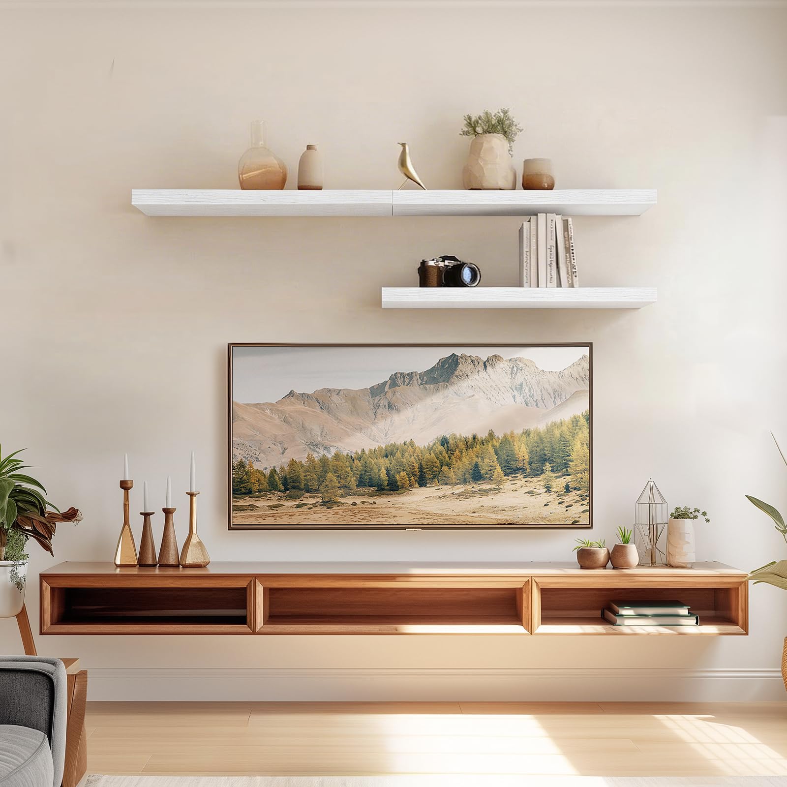 AMADA HOMEFURNISHING white floating shelves over a desk boost organization and display