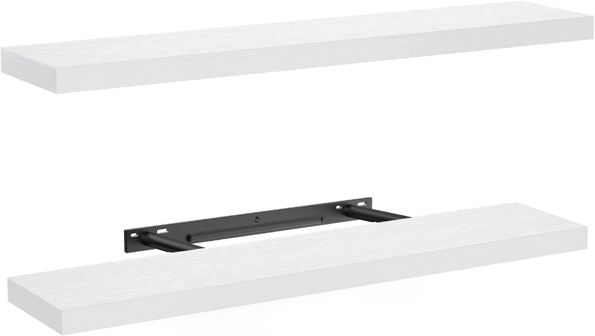 AMADA HOMEFURNISHING white wall-mounted floating shelves provide stylish storage.
