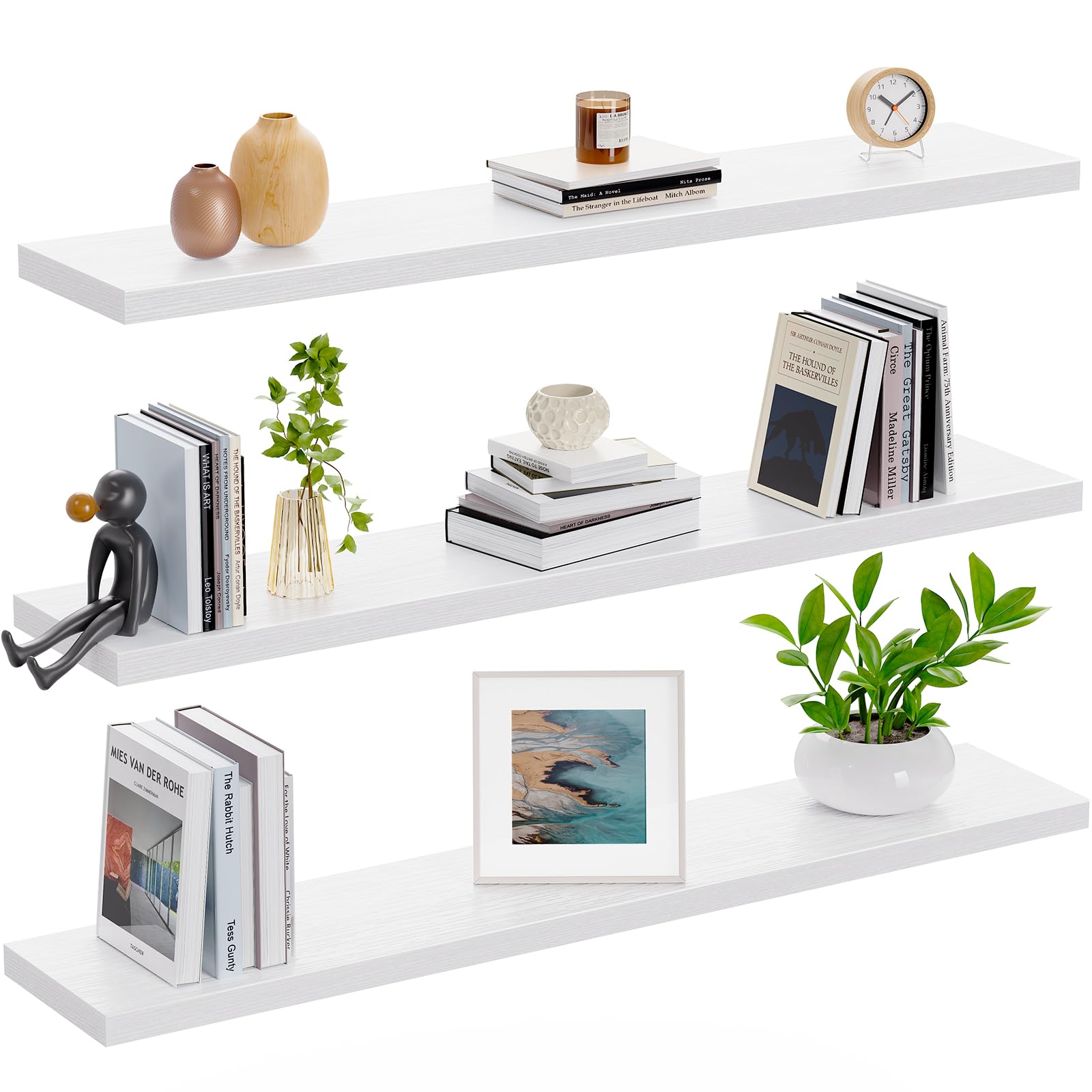 AMADA HOMEFURNISHING white floating shelves on plain wall with soft lighting.