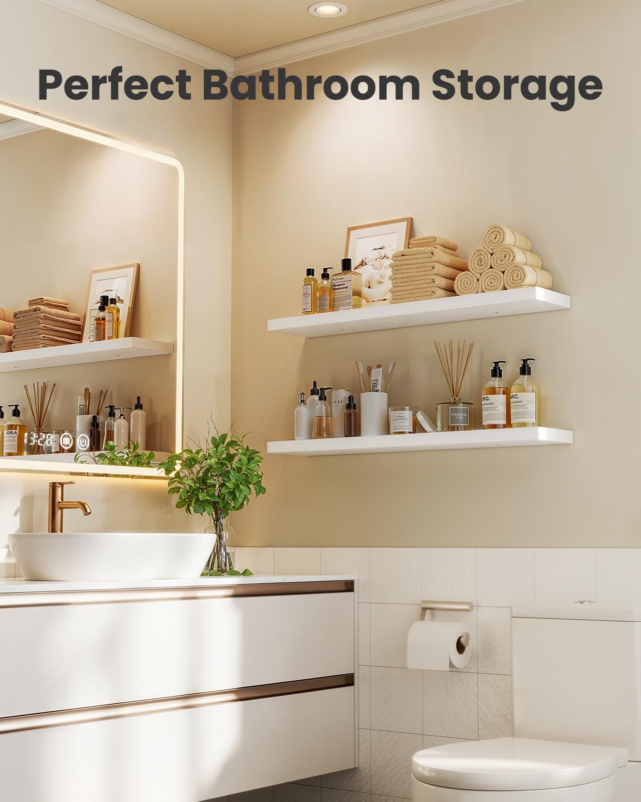 AMADA HOMEFURNISHING kitchen counter organization on white wall shelf.