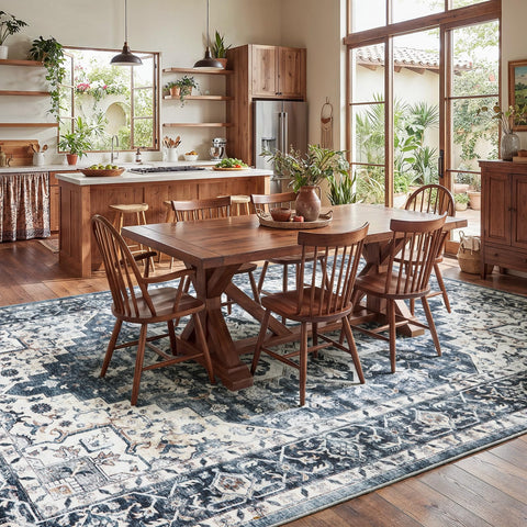 AMADA HOMEFURNISHING living room setup featuring a blue rug for versatile styling.