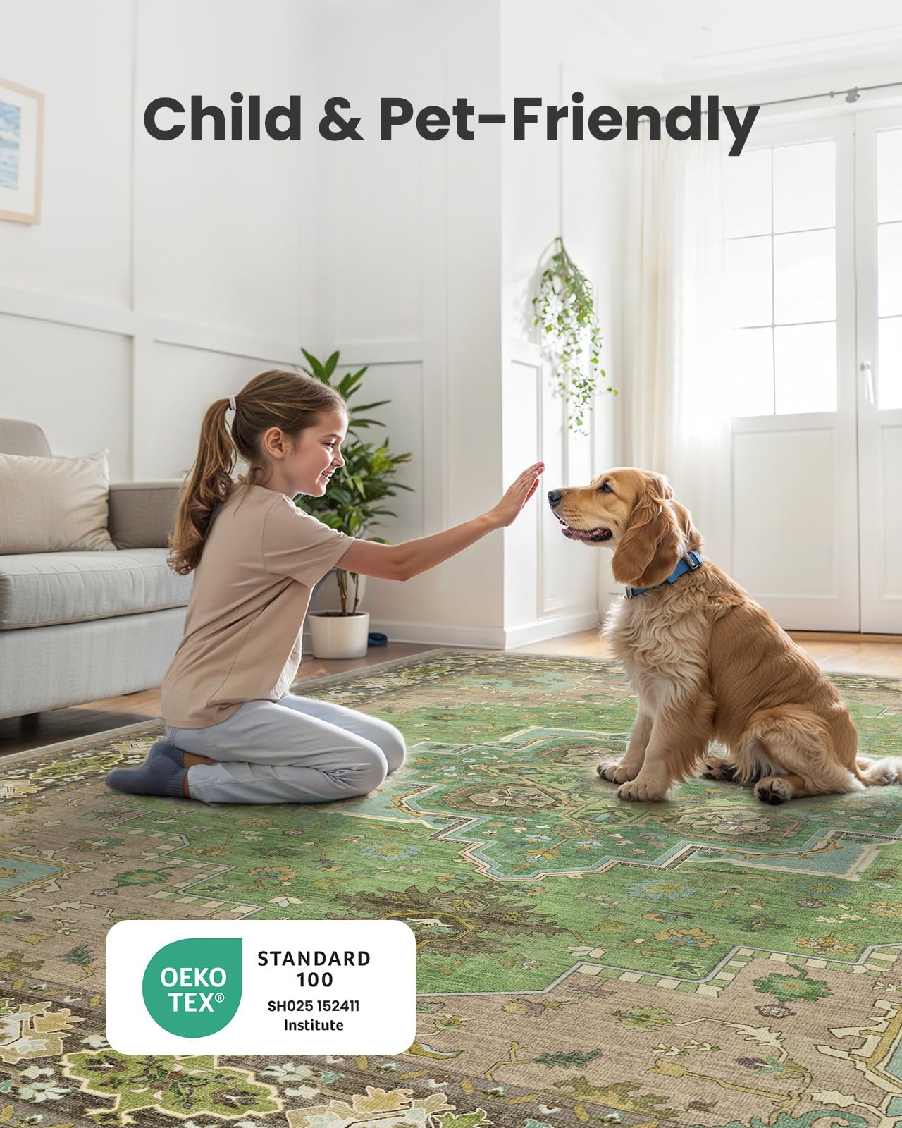 AMADA HOMEFURNISHING Pet- and kid-friendly green rug for playrooms and nurseries.