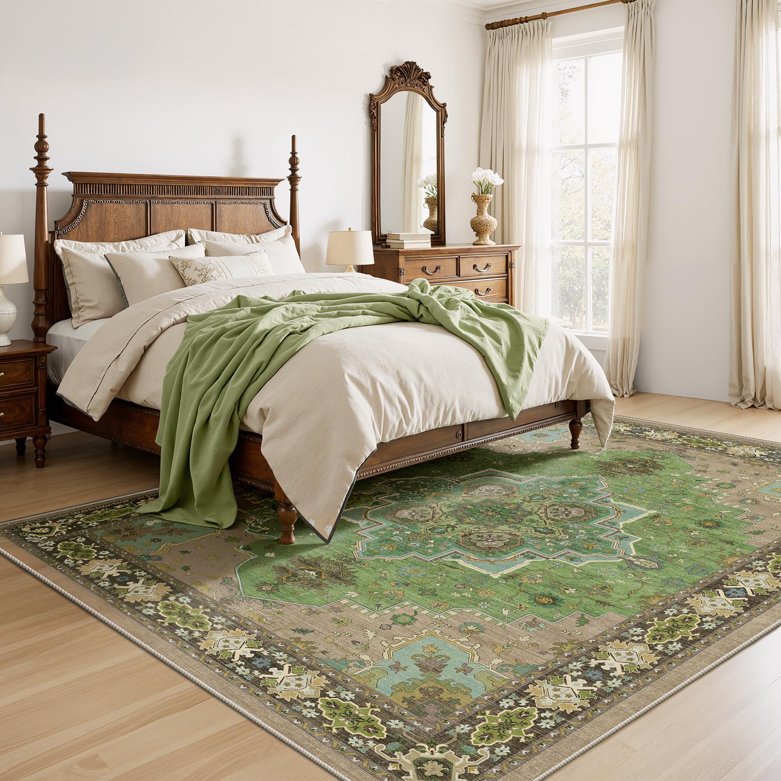 AMADA HOMEFURNISHING Soft-texture green rug with plush underfoot for bedrooms.