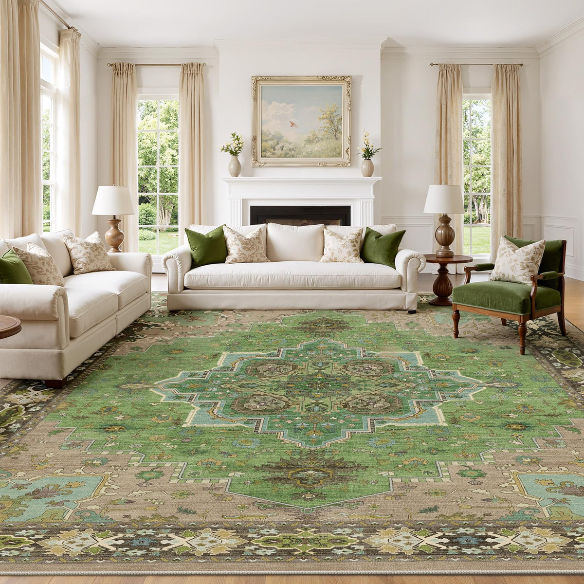 AMADA HOMEFURNISHING Vintage Luxe Rug 8x10 green texture for cozy living spaces.