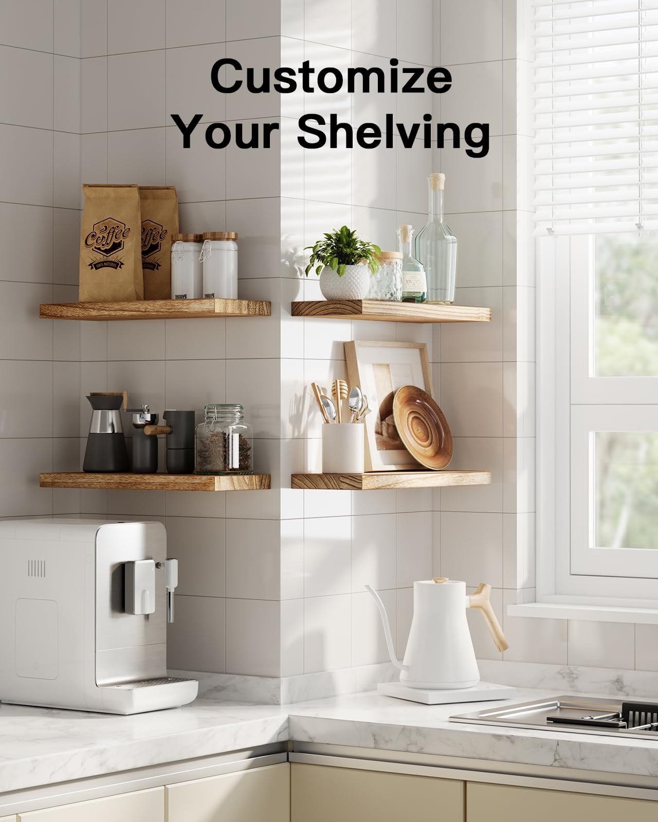AMADA kitchen organization with paulownia shelves keeps spices and tools tidy.