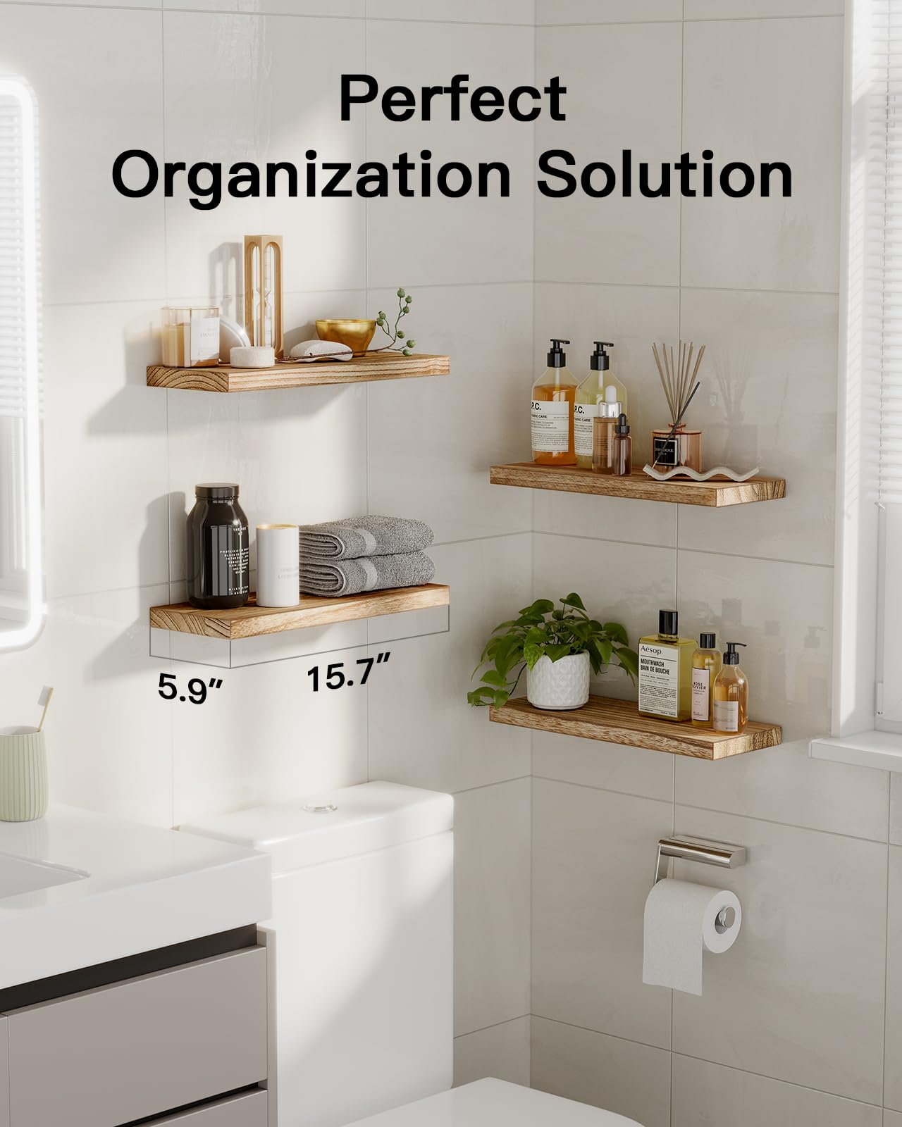 AMADA wall-mounted shelves show clean lines and ample space for decor and essentials.