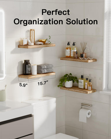 AMADA wall-mounted shelves show clean lines and ample space for decor and essentials.
