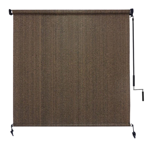 Amagenix Outdoor Roller Shade 8x8 Mocha, rolled up to save space