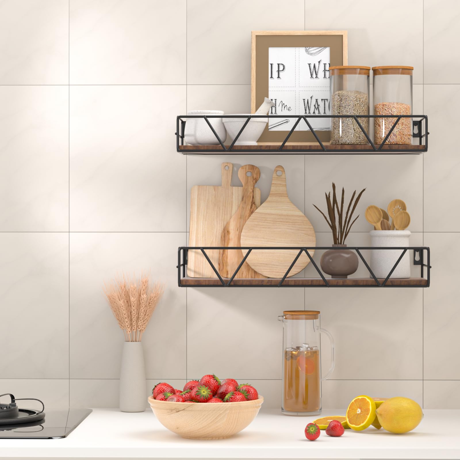 Amaoot wood grain detail on floating shelves highlighting natural texture and warmth.