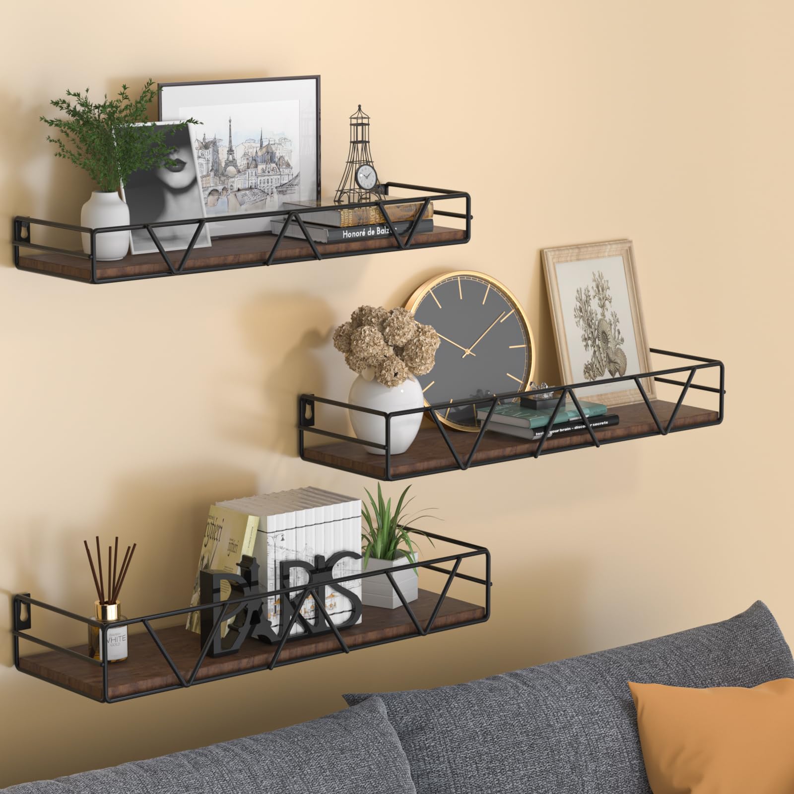 Amaoot floating shelves in black on wall, perfect for kitchen and bathroom organization.