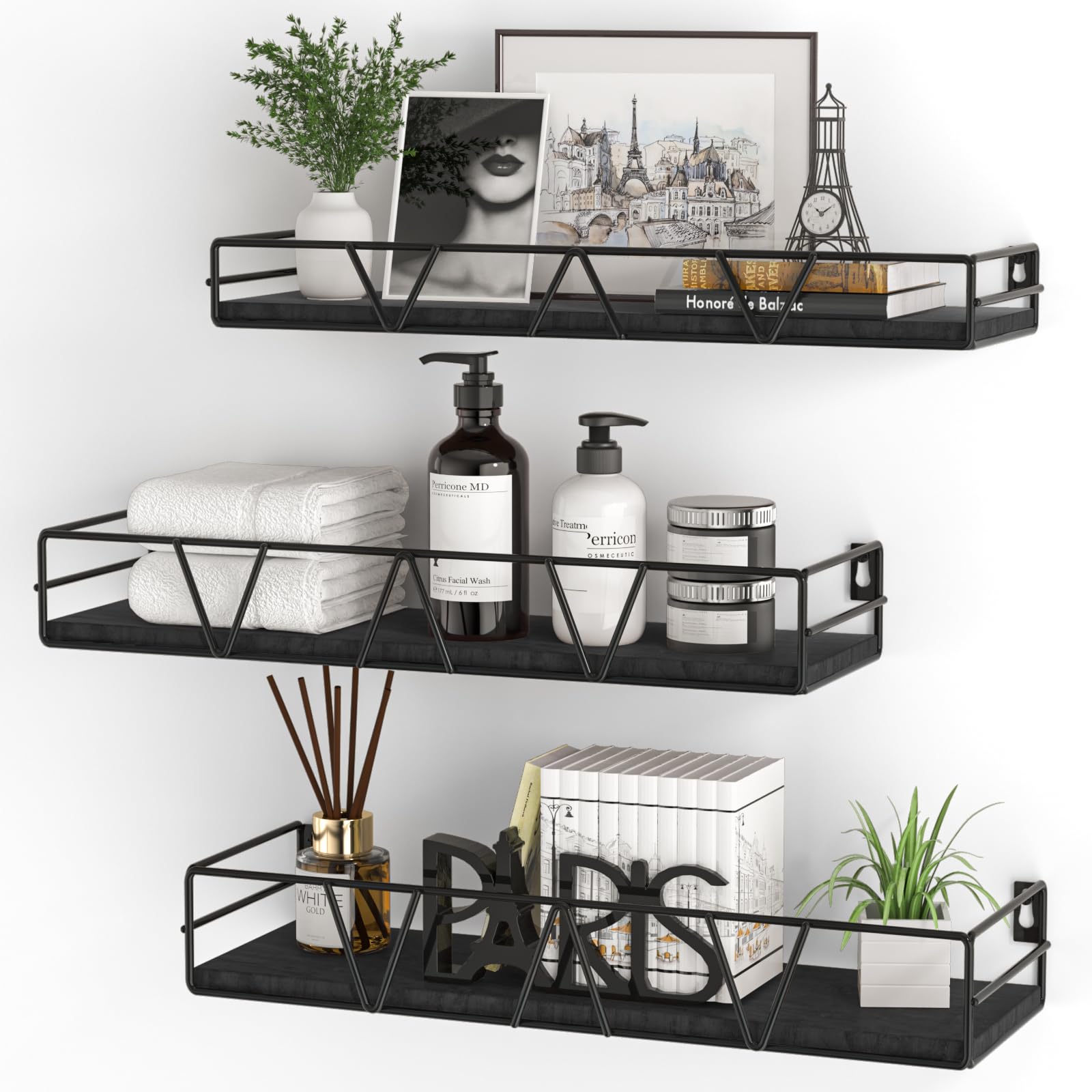 Amaoot floating shelves set of 3 in black, wall-mounted display for organized storage.