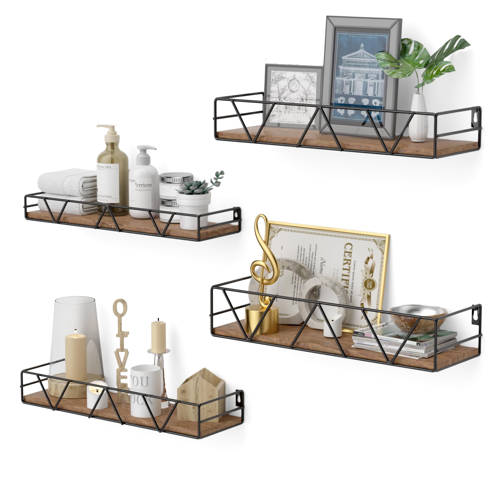 Amaoot floating shelves set of 4 in brown for versatile wall storage.