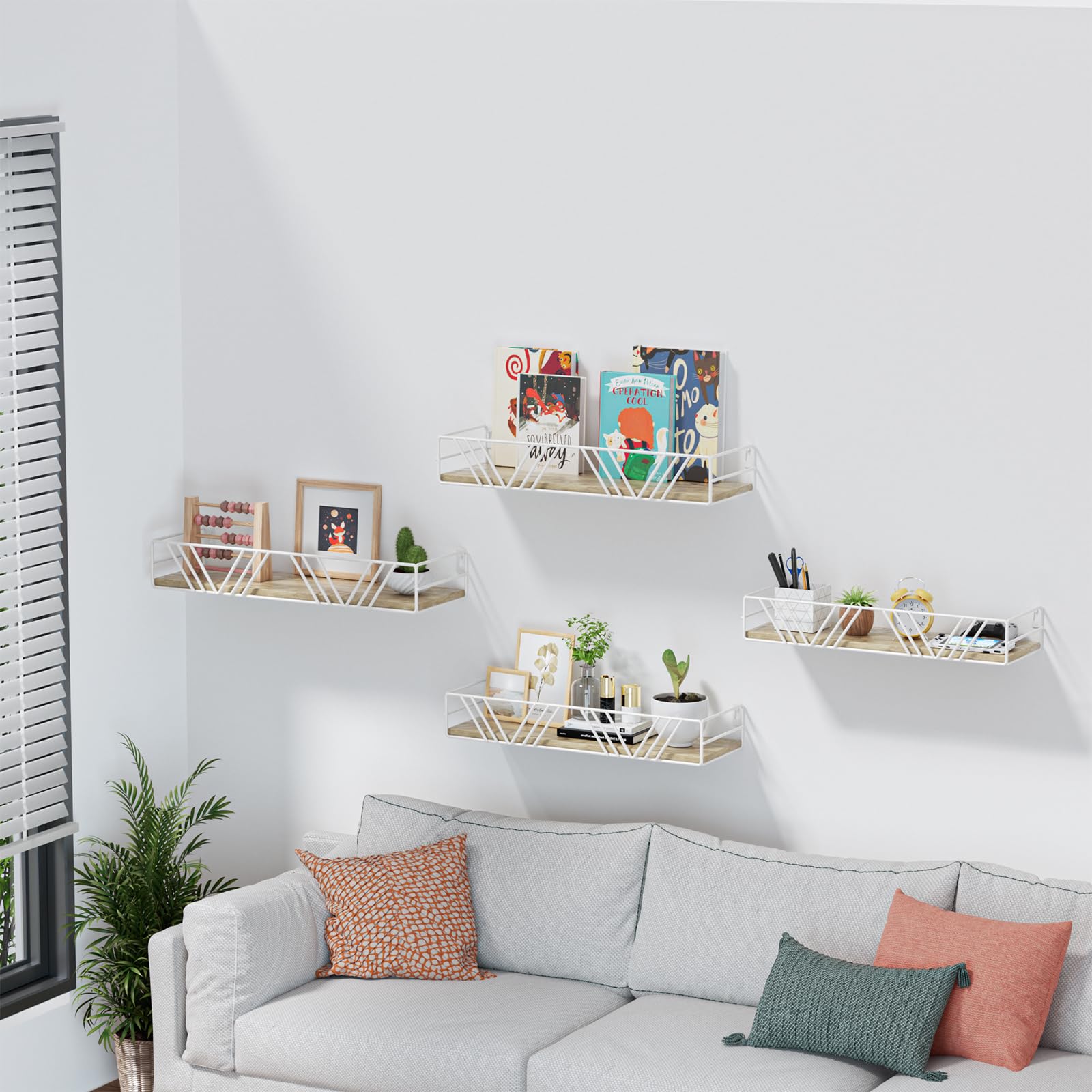 Amaoot floating shelves set of four in varying sizes with natural wood grain.