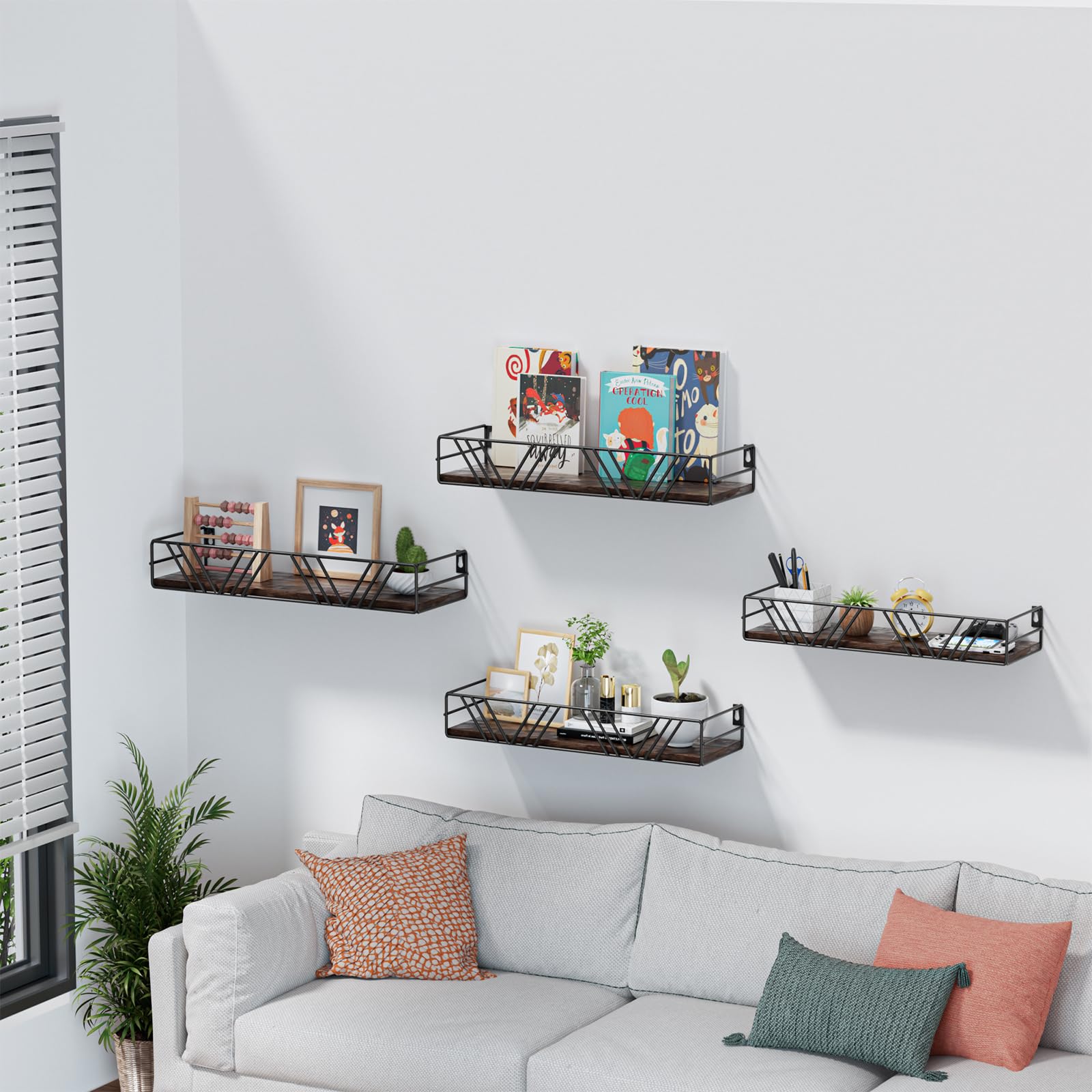 Amaoot floating shelves set of 4 with varied sizes, showcasing natural wood grain for stylish storage