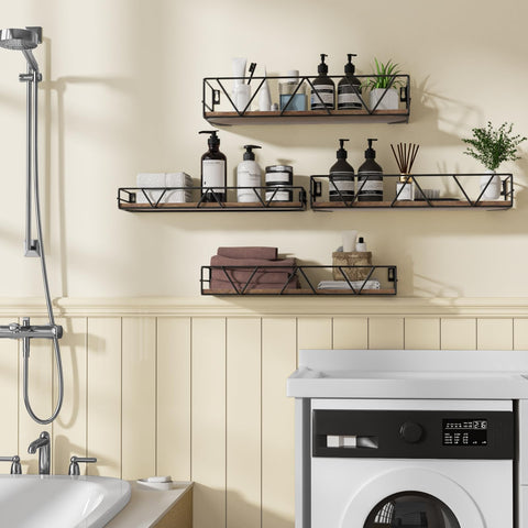 Amaoot wood grain adds unique character to brown shelves.
