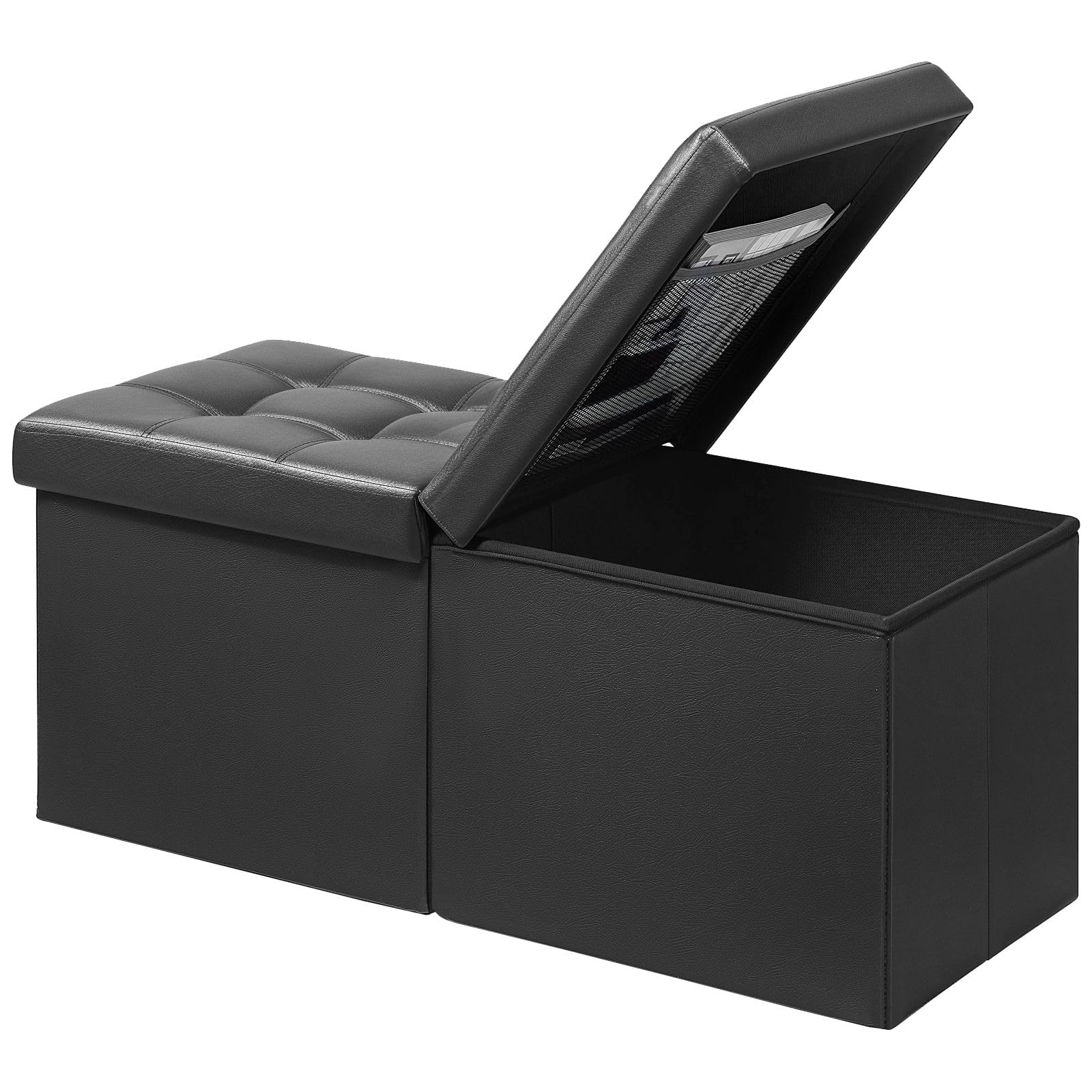 AmasSmile 34-inch black leather ottoman showing storage-ready design for living room use.