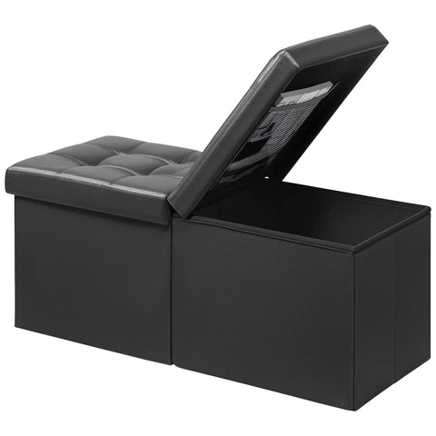 AmasSmile 34-inch black leather ottoman showing storage-ready design for living room use.