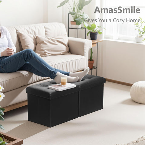 AmasSmile footstool used as a coffee table in a cozy living space.