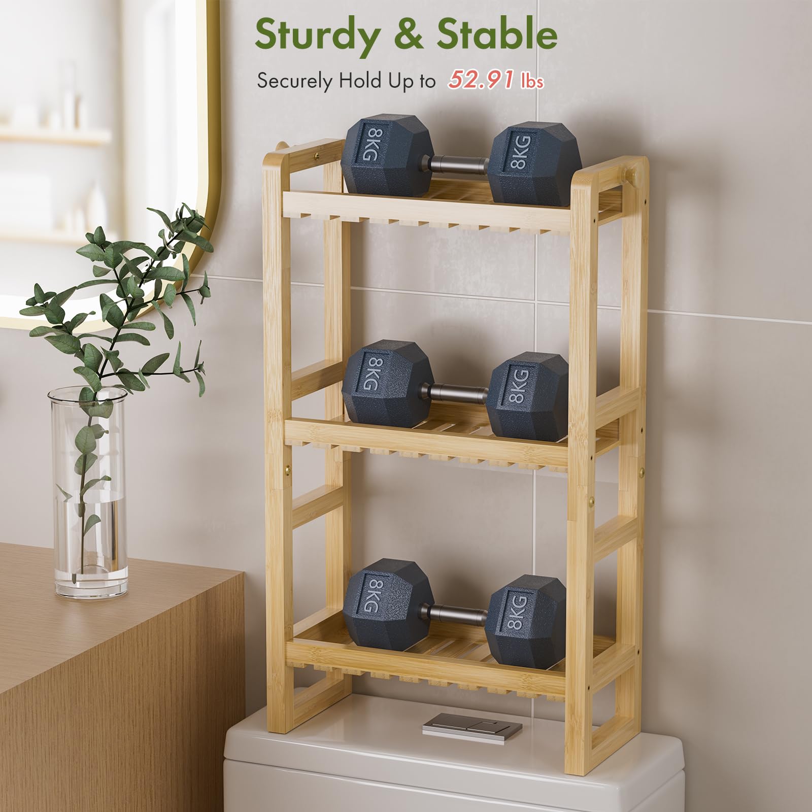 AmazerBath bamboo shelf with dimension information for fit.