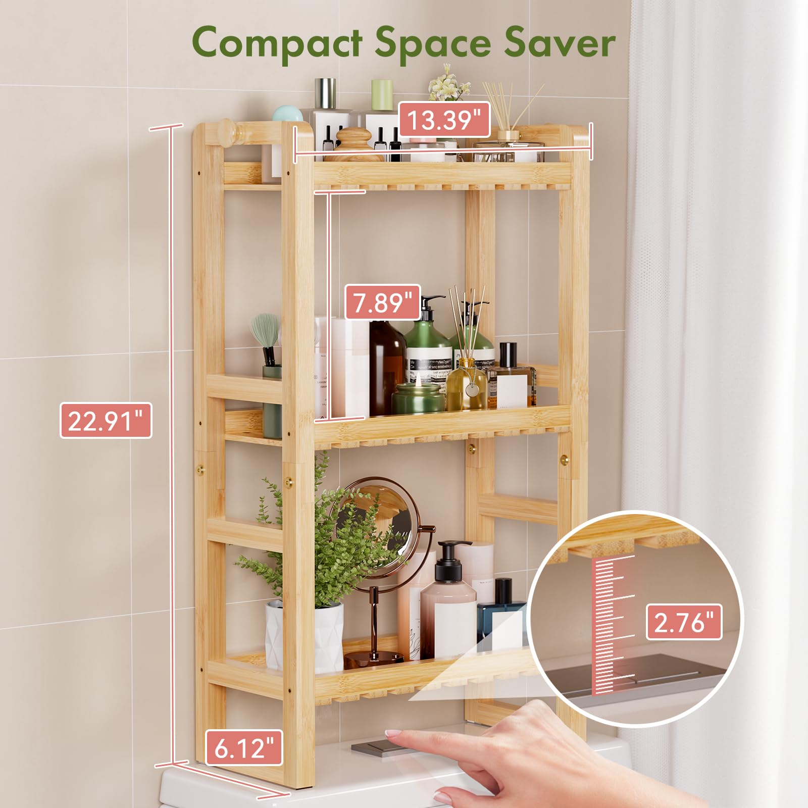 A AmazerBath bamboo shelf front view showing the three-tier design.