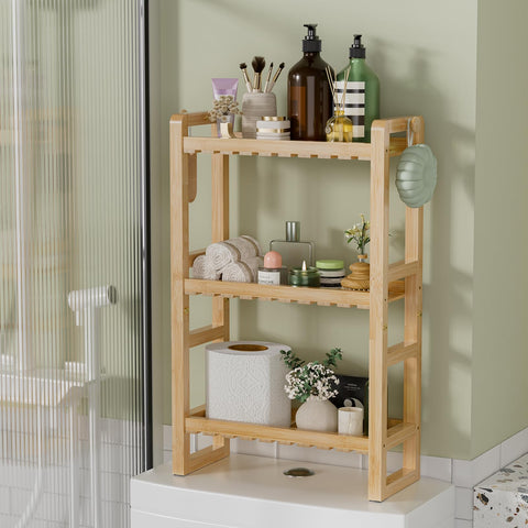 AmazerBath bamboo over-the-toilet shelf with side hooks for extra towels.