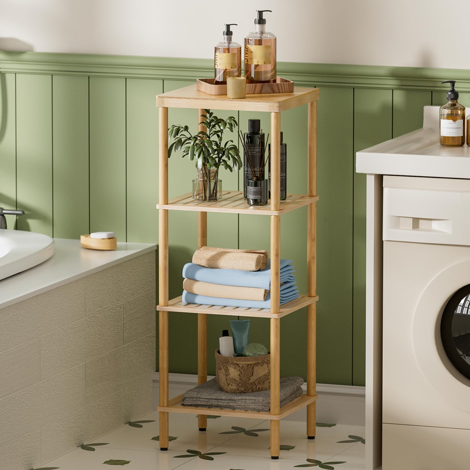 AmazerBath bamboo shelf in living room decor showcasing natural wood texture