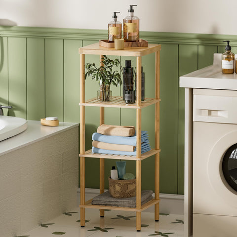 AmazerBath bamboo shelf in living room decor showcasing natural wood texture