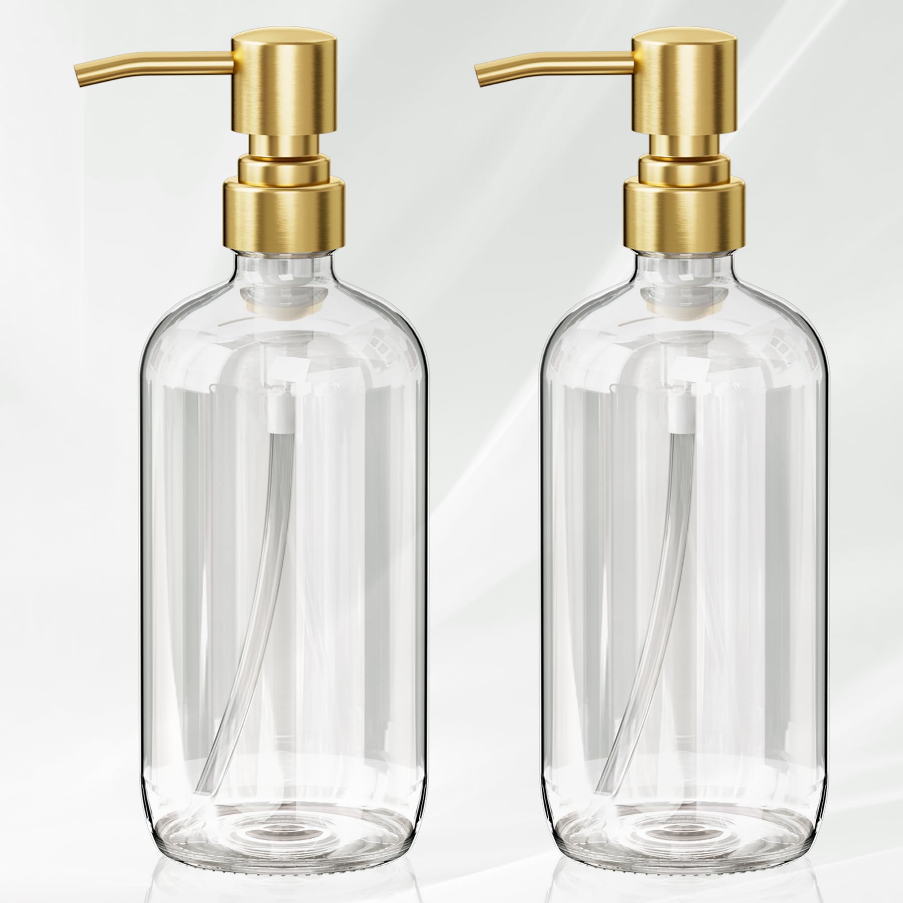 AmazerBath glass dispenser with clear bottle and gold pump for easy soap dosing