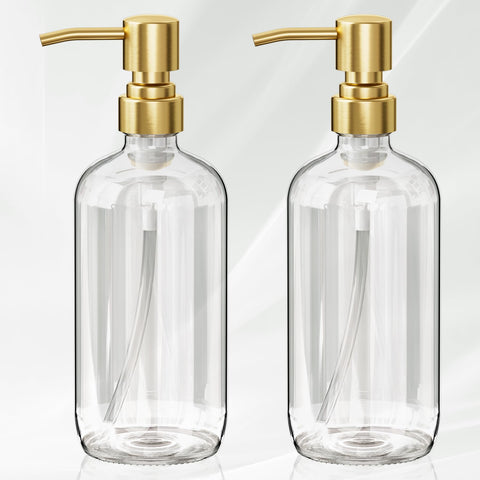 AmazerBath glass dispenser with clear bottle and gold pump for easy soap dosing