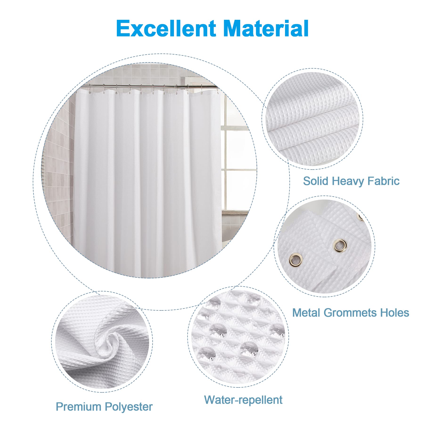 AmazerBath heavy-duty 240gsm polyester curtain in white for long-lasting durability.