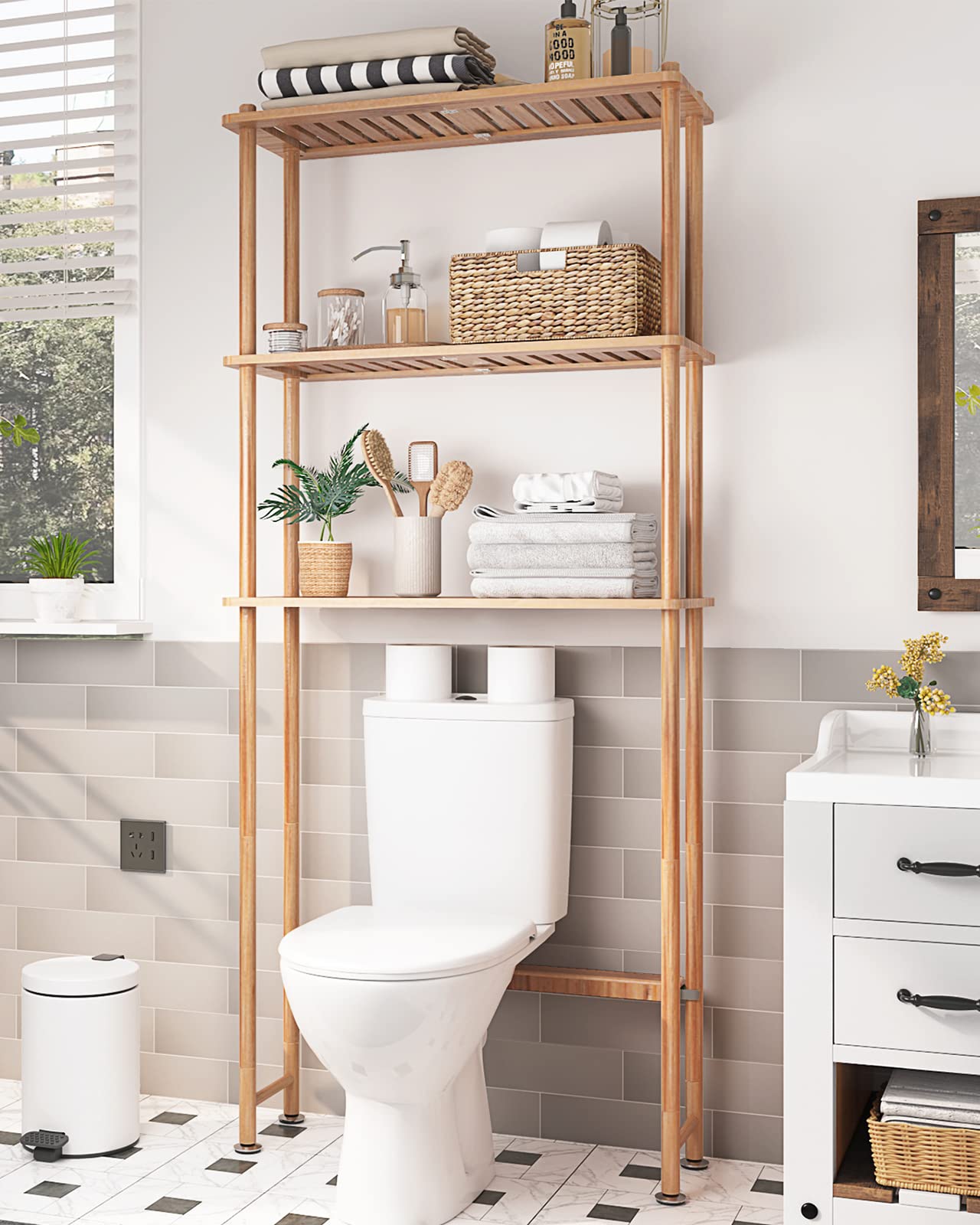 AmazerBath toilet-storage-three-tier-assembly shows sturdy bamboo for clutter-free bathroom storage.