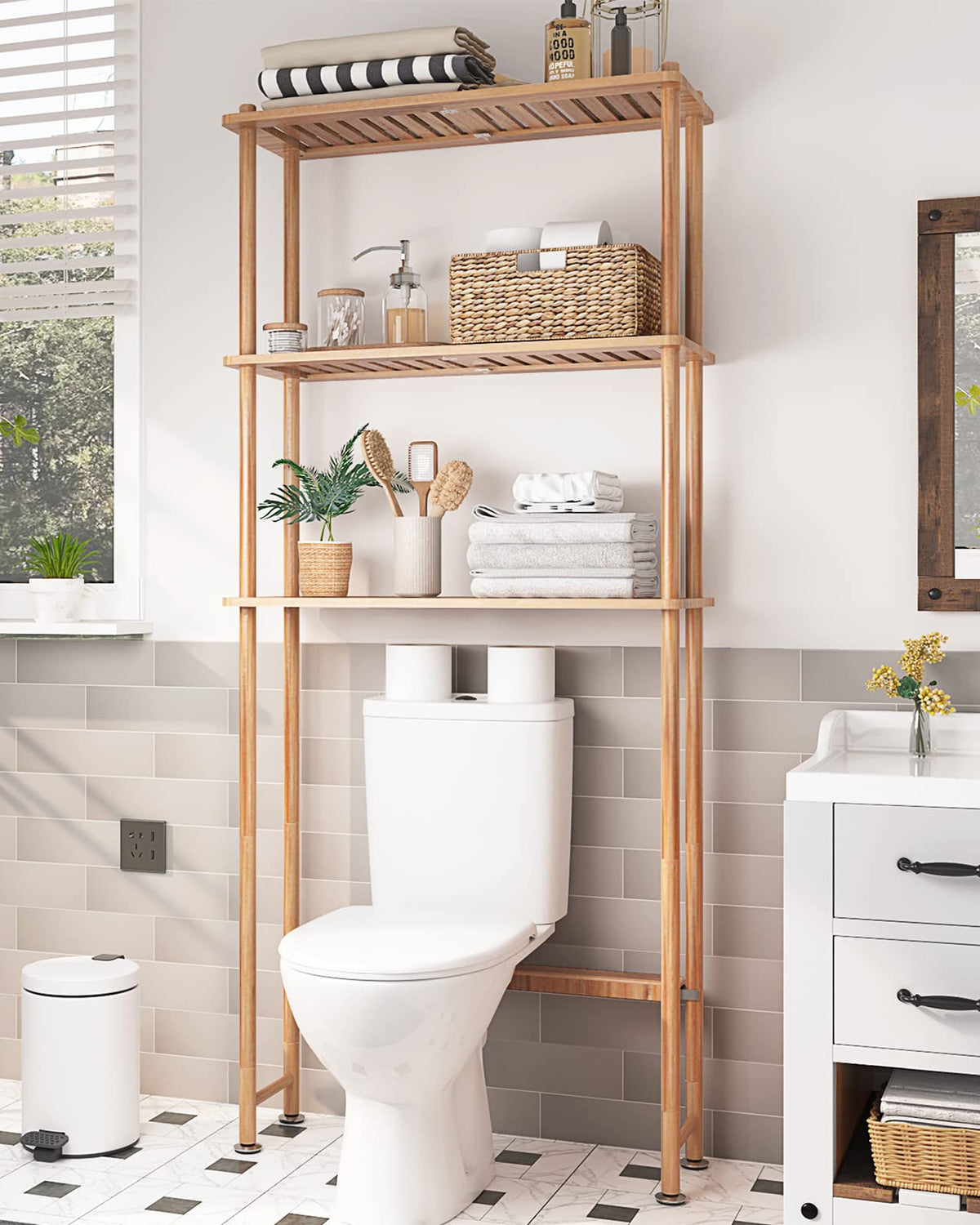 AmazerBath toilet-storage-three-tier-assembly shows sturdy bamboo for clutter-free bathroom storage.