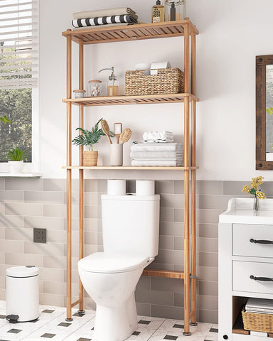 AmazerBath toilet-storage-three-tier-assembly shows sturdy bamboo for clutter-free bathroom storage.
