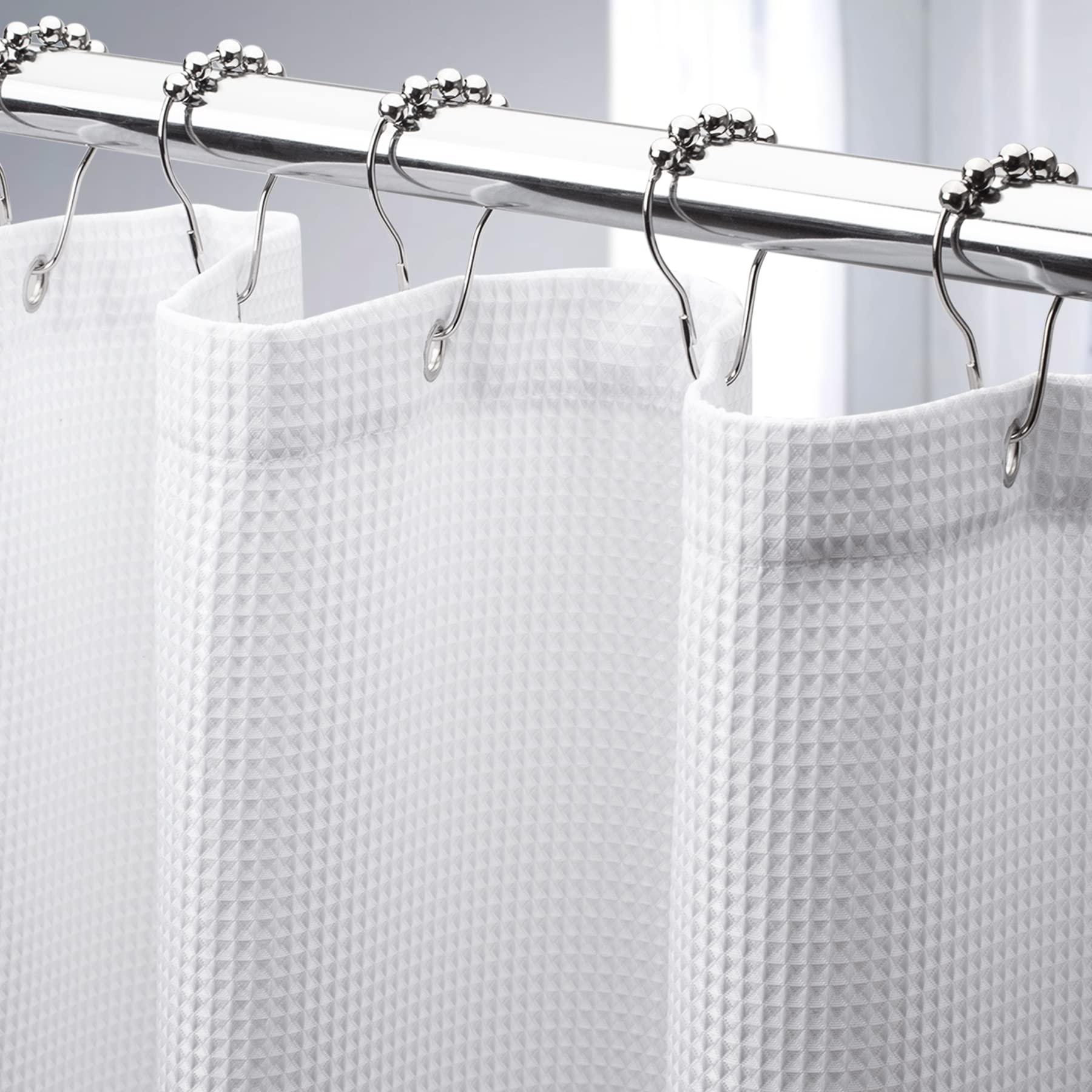 AmazerBath waffle-texture shower curtain in white with close-up detail for upscale look.