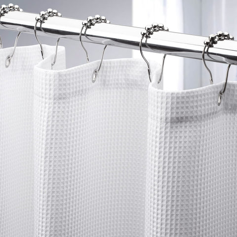 AmazerBath waffle-texture shower curtain in white with close-up detail for upscale look.
