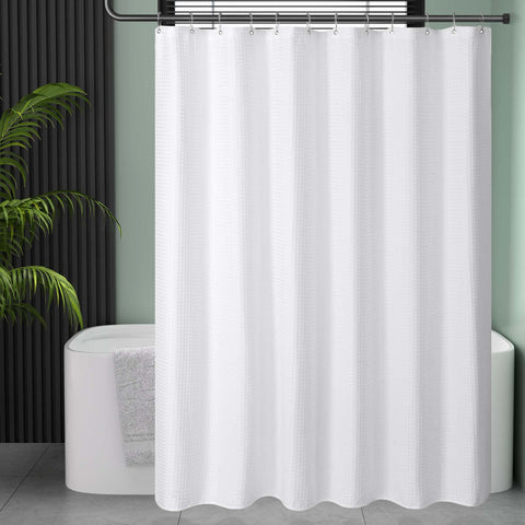 AmazerBath white curtain pairs with a waterproof liner for best results.