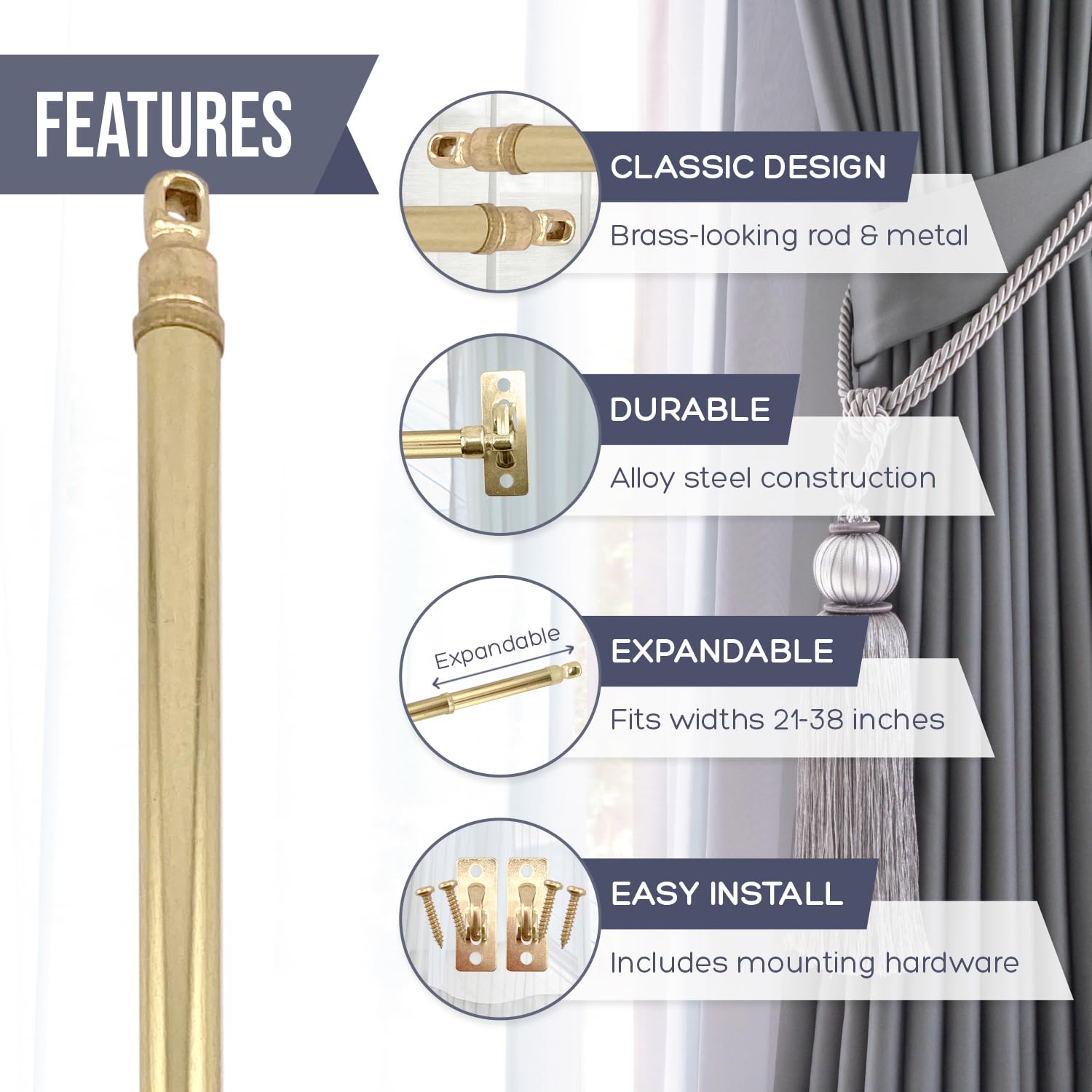 Amazing Drapery Hardware adjustable 21-38 inch rod fit for various window sizes.