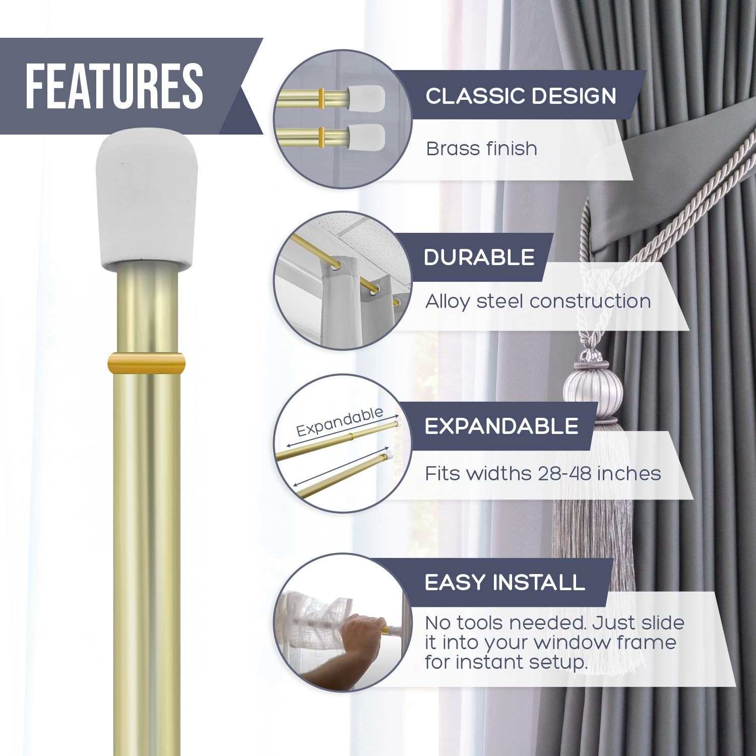 Amazing Drapery Hardware twist-to-fit brass rod, 28-48 inches, easy install without tools.
