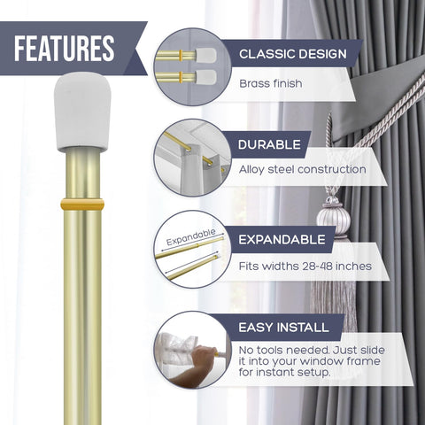 Amazing Drapery Hardware twist-to-fit brass rod, 28-48 inches, easy install without tools.