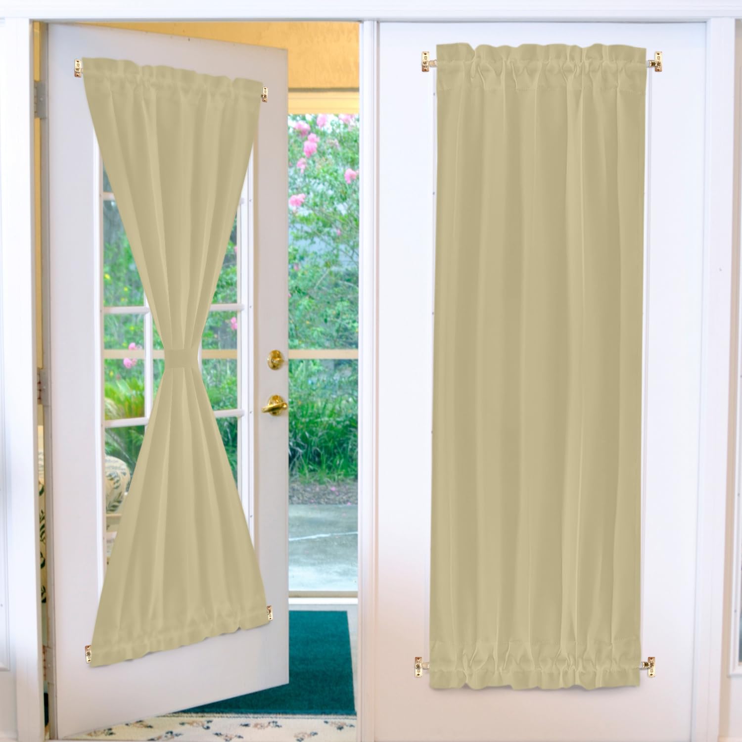 Amazing Drapery Hardware white sash rod in door sidelight setup.