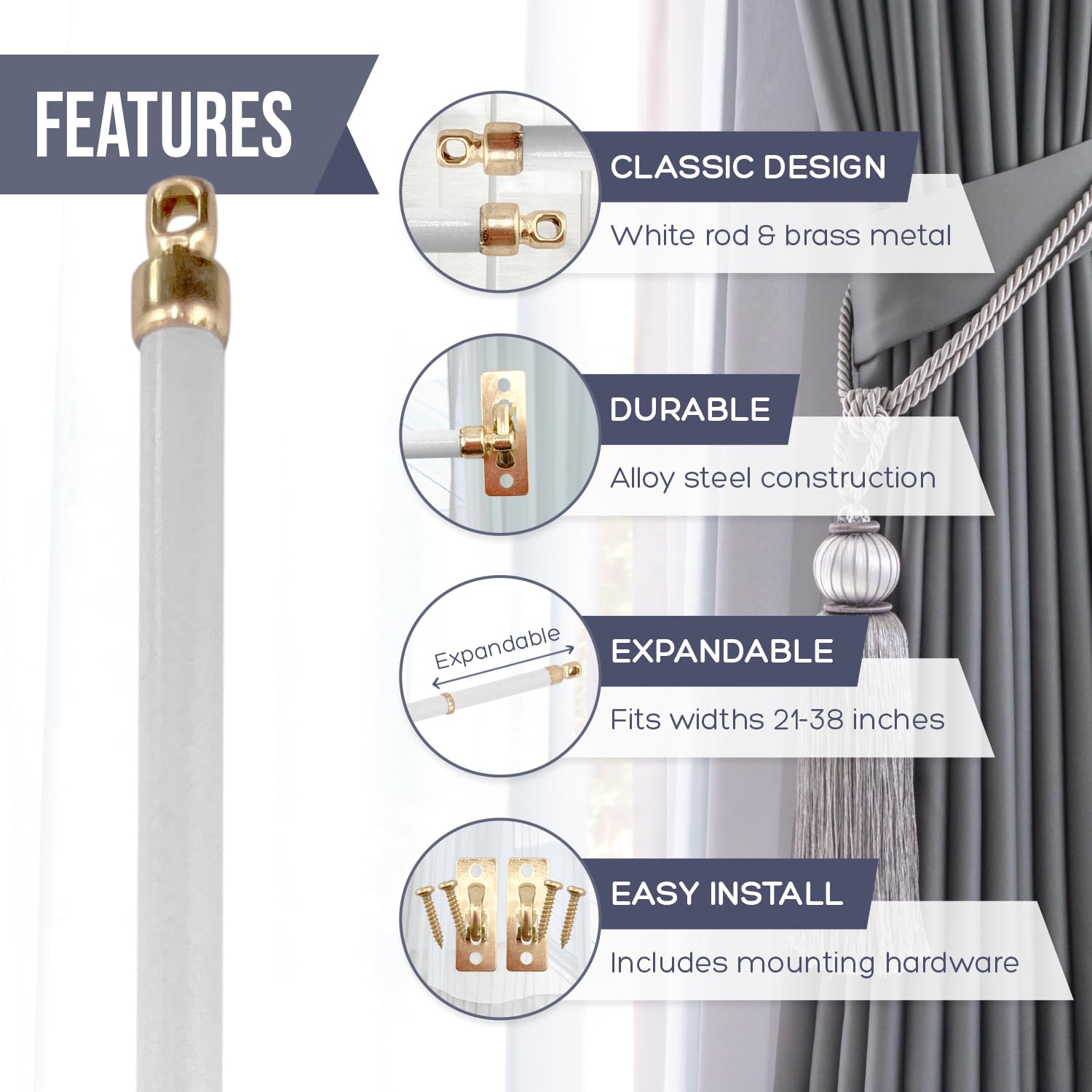 Amazing Drapery Hardware white swivel sash rod brass-ends mounted on window.