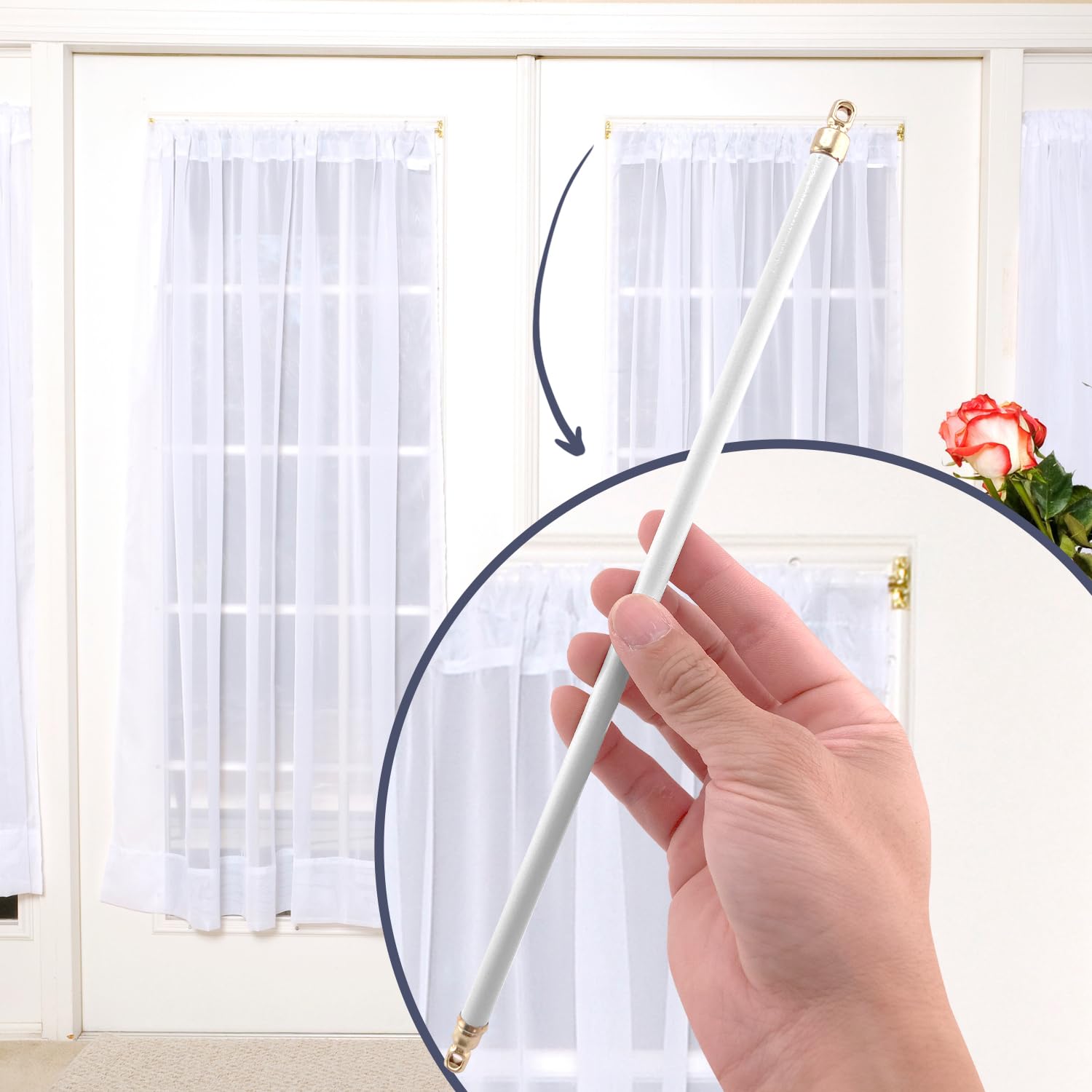 Amazing Drapery Hardware white swivel sash rod mounted above a window.