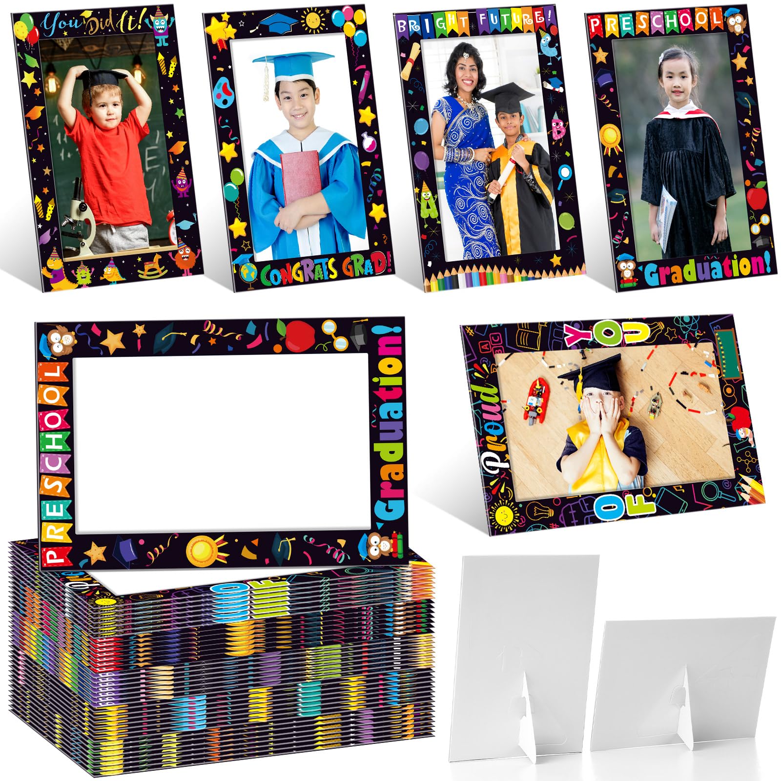 AmazingSpark 50-pack kindergarten frames display 4x6 photos in vibrant graduation styles for home decor.