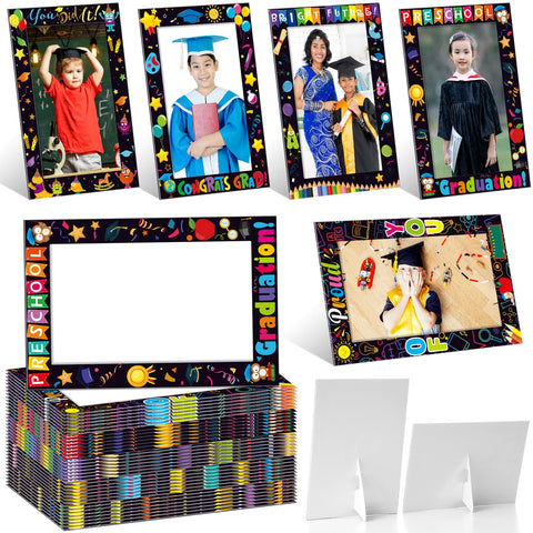 AmazingSpark 50-pack kindergarten frames display 4x6 photos in vibrant graduation styles for home decor.