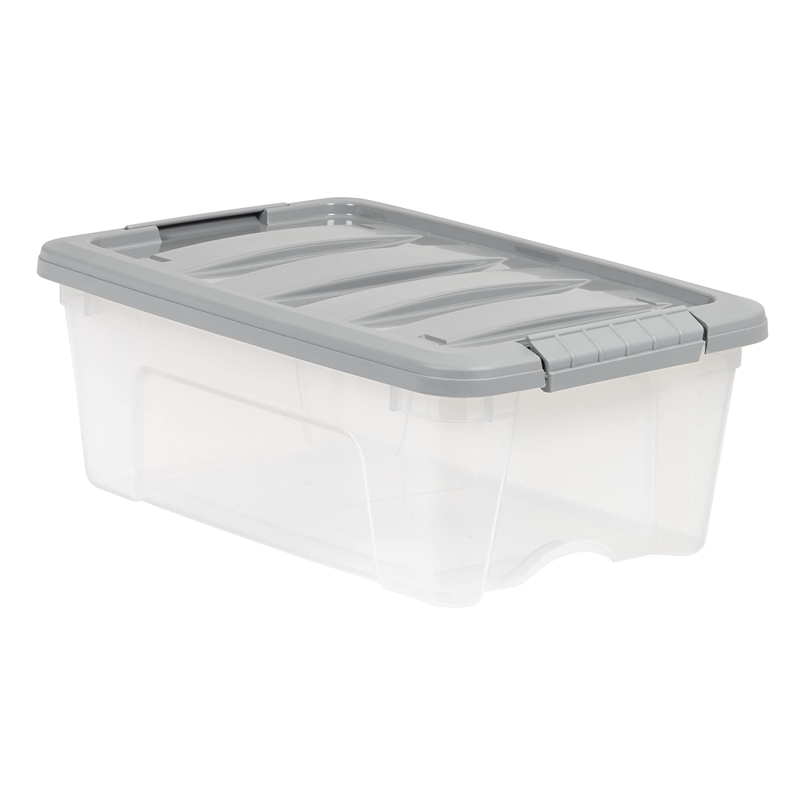 Amazon Basics 12-quart bin with secure latch lid for reliable stacking.