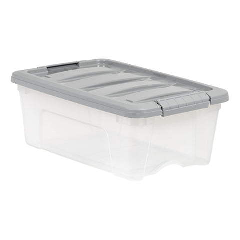 Amazon Basics 12-quart bin with secure latch lid for reliable stacking.