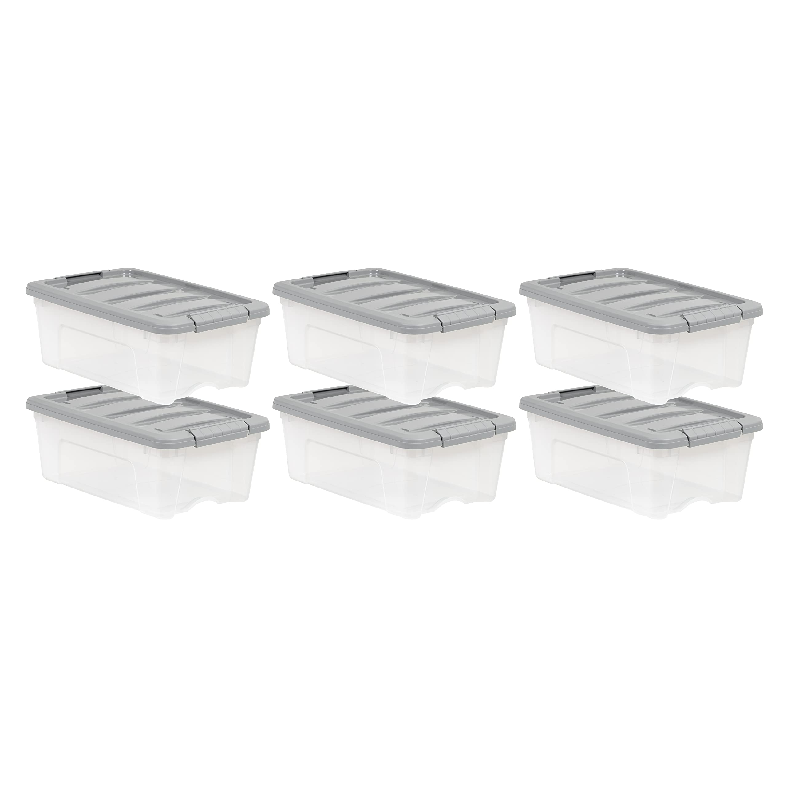 Amazon Basics 12-quart storage bin with gray latch lid for dust protection.