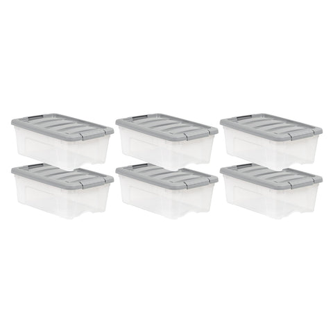 Amazon Basics 12-quart storage bin with gray latch lid for dust protection.