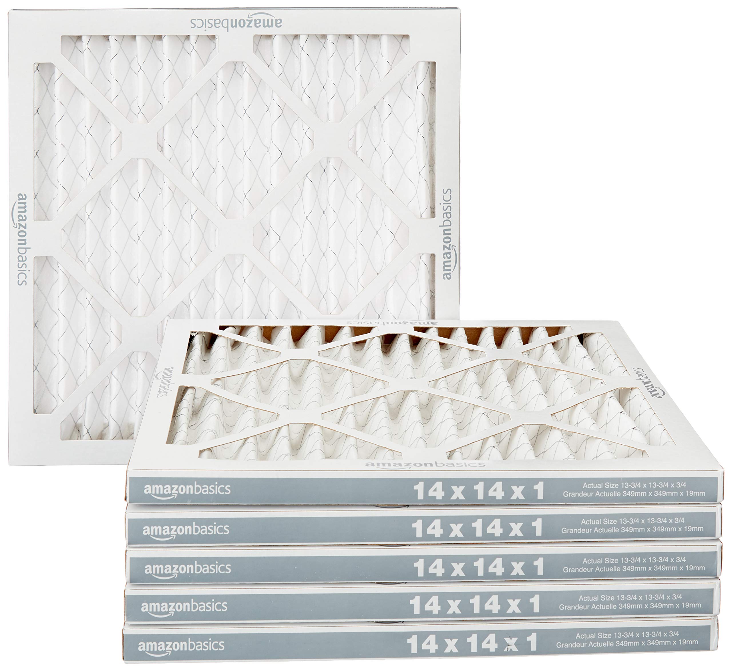 Amazon Basics 14x14x1 air filter front view shows sturdy frame for reliable filtration
